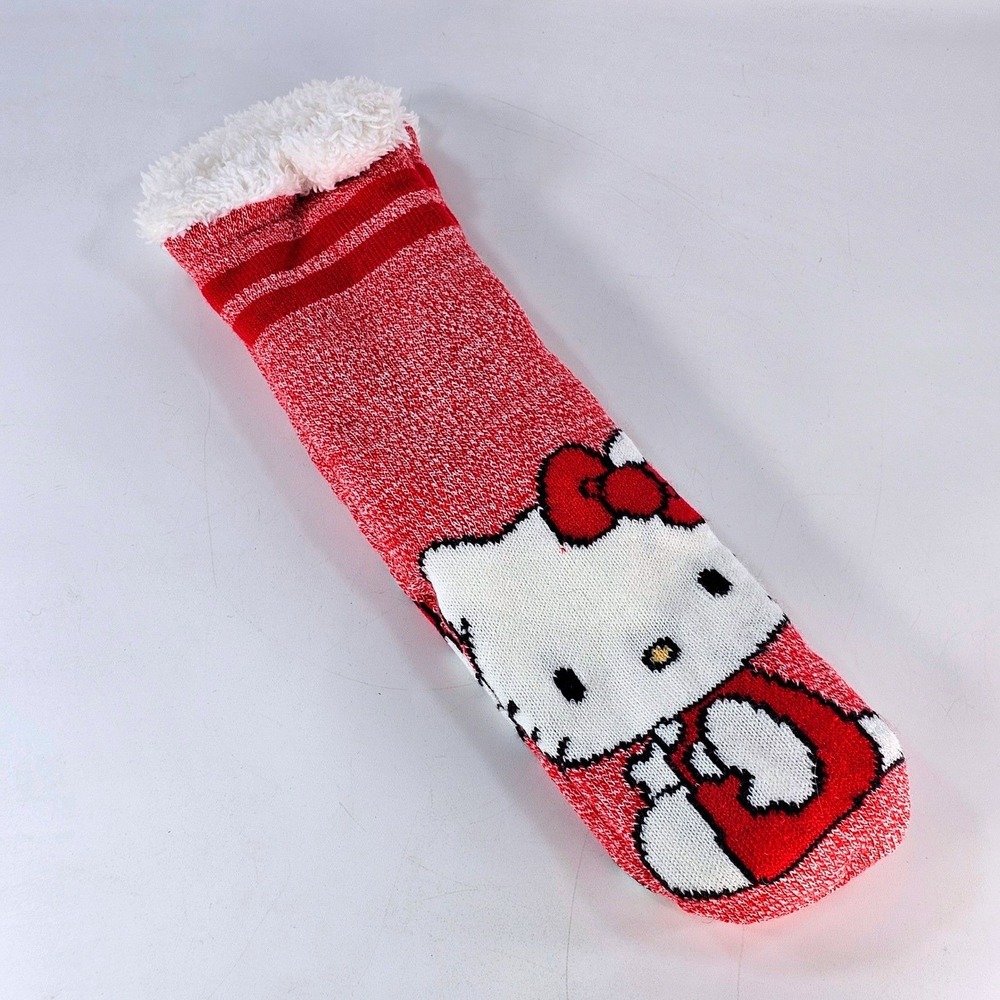 Sanrio Hello Kitty Slipper Socks Red White Marled Knit Faux Fur Lined Grippers